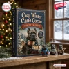 Front view of the Cozy Winter Cane Corso Advent Calendar box with three small dog figurines on a wooden surface.