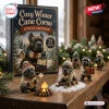 Front view of Cozy Winter Cane Corso Advent Calendar box with dog figurines wearing winter hats and sweaters on a wooden table.