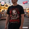 Front view of a black t-shirt featuring a creepy clown graphic with red hair and Sweet Nightmares text set at an amusement park.