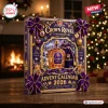 Front view of a purple and gold Crown Royal 87th Anniversary Advent Calendar box against a holiday fireplace background.