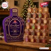 Crown Royal 88th Anniversary Advent Calendar featuring 24 miniature whisky bottles on a wooden shelf beside a purple box.
