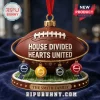 Custom Football House Divided Sports Christmas Tree Ornament featuring a football, four photo charms, and family base.