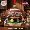 Custom Football House Divided Sports Christmas Tree Ornament featuring four hanging photo frames on a field base.