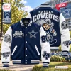 Front and back view of blue and white Dallas Cowboys Football Mascot Baseball Jacket featuring embroidered lettering and patches.