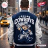 Back view of a Dallas Cowboys Football Mascot Baseball Jacket in blue and white on a person.