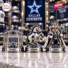 Dallas Cowboys NFL Chess Set pieces featuring an AT&T Stadium rook, a horse knight, and a mascot king on a marble table.