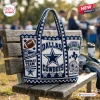 Dallas Cowboys NFL crocheted tote bag featuring blue and white yarn patterns, team stars, footballs, and logo motifs.