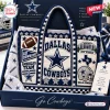 Dallas Cowboys NFL crocheted tote bag featuring blue and white yarn with team logos, football, and stadium motifs.