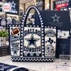 Dallas Cowboys NFL crocheted tote bag in blue, white, and silver featuring team logo, AT&T Stadium, and football graphics.