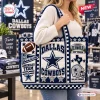 Dallas Cowboys NFL Crocheted Tote Bag featuring team logo, stadium, football, and blue, white, and silver yarn patterns.