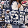 Dallas Cowboys NFL crocheted tote bag in navy and white featuring a star logo, football, stadium, and team text imagery.