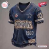 Front view of a blue Dallas Cowboys football t-shirt featuring distressed fabric details and the year 1960.