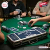 Dallas Cowboys NFL Poker Set with blue and silver chips and cards displayed on a green felt gaming table during a game.