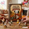 Dalmatian Cozy Fall Advent Calendar 2026 box with twenty-four miniature Dalmatian ornaments on a rustic wooden table.