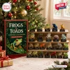 Day Frogs and Toads Advent Calendar 2026 featuring 24 detailed acrylic amphibian figurines on a wooden display shelf.