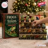 Day Frogs and Toads Advent Calendar 2026 box with 24 small acrylic frog and toad ornaments displayed on a wooden stand.