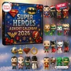 Front view of DC Super Heroes Advent Calendar 2026 box with miniature figures and ornaments.
