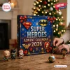 Front view of DC Super Heroes Advent Calendar 2026 on a wooden table with small stylized superhero figurines.