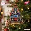 Front view of a pyramid-shaped Def Leppard Christmas ornament featuring album art, guitars, and personalized name plate.