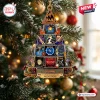 Front view of a pyramid-shaped Def Leppard Christmas ornament featuring various album covers and musical instrument accents.