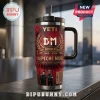 Depeche Mode 46th Anniversary YETI Stanley tumbler in red with band imagery, logo, and text on a stainless steel surface.