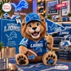Front view of a crocheted plush lion mascot holding a football and blue team flag in a themed room.