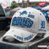 Front view of a light gray Detroit Lions One Pride distressed baseball cap with city skyline embroidery on the bill.