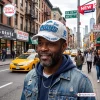 Man wearing a white Detroit Lions One Pride distressed baseball cap on a busy city street.