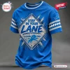 Front view of a blue t-shirt with a diamond-shaped Stay In Your Lane graphic and lion emblem on the sleeves.