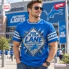 Front view of a man wearing a blue Detroit Lions t-shirt with Stay In Your Lane graphic text.