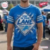 Front view of a blue t-shirt featuring a diamond-shaped graphic with Stay In Your Lane text and a lion icon.
