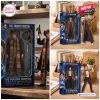 Collage of Doctor Who Heritage Collection Hot Toys figures in boxes and displayed on a wooden desk.