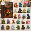 Front view of the Dragon Library Advent Calendar 2026 box alongside twenty-four small reading dragon figurines.
