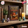 Front view of the Dragon Library Advent Calendar 2026 box surrounded by miniature dragon figurines on a wooden bookshelf.