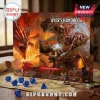 Dungeons & Dragons 2026 Advent Calendar featuring a red dragon artwork, perforated numbered slots, and blue resin dice set.