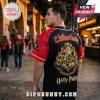El Paso Chihuahuas x Harry Potter Hogwarts Crest Baseball Jersey with red sleeves and gold back graphics.
