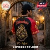 El Paso Chihuahuas x Harry Potter Hogwarts Crest Baseball Jersey featuring a black body, red sleeves, and gold graphics.