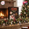 Front view of an Elvis Presley 2026 Christmas Advent Calendar box with collectible figurines displayed on a holiday mantel.
