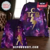 Elvis Presley TCB Galaxy Purple Cardigan featuring a gold lightning bolt, purple butterflies, and a starry nebula pattern.