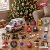 Front view of EMT On The Way Advent Calendar with ambulance and medical toys on a wooden table.
