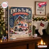 Front view of an EMT On The Way Advent Calendar on a wooden mantelpiece with Christmas decorations.