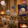 Front view of the Euro Proof 50th Anniversary Advent Calendar 2026 alongside hanging circular ornaments.