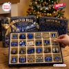 Top view of Everton FC Forever Blue Christmas Advent Calendar with 24 blue and gold trinkets displayed.
