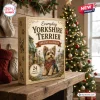 Front view of Everyday Yorkshire Terrier Advent Calendar on a wooden mantelpiece with a Christmas tree background.