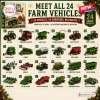 Farm Vehicles Advent Calendar 2026 showing 24 miniature agricultural machines including tractors, harvesters, and trailers.