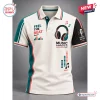 Front view of Feel The Beat Headphone Polo Shirt featuring music graphics and text on a cream background.