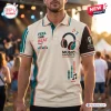 Front view of a cream polo shirt with headphones graphic and Feel The Beat text worn at an outdoor concert.