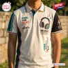 Front view of the Feel The Beat Headphone Polo Shirt with music graphics and text.
