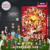 FIFA World Cup 2026 Advent Calendar featuring collectible soccer player bobbleheads and a red box on a green pitch background.