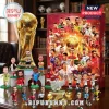 FIFA World Cup 2026 Advent Calendar featuring player figurines, a golden trophy model, and a red display box on a desk.